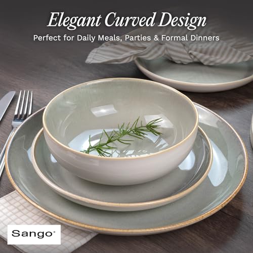 Sango 16-Piece Stoneware Dinnerware Set for 4, Glossy Cream/Green Big Dinner Plates and Bowls Sets with Reactive Glaze, Ceramic Dish Set, Modern Dishes, Microwave & Dishwasher Safe, Resona Moss - color: Green/Cream, size: 16-Piece Set