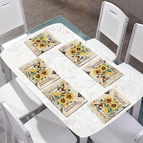 Durable Placemats Set of 4, Dining Table Woven Vinyl PVC Placemat Wipeable Easy to Clean Oil-Proof Non-Slip Tablemats for Kitchen, Butterfly Sunflower Retro - color: Butterfly Sunflower Retro, size: Set of 4