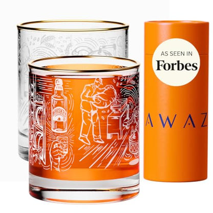 AWAZ Whiskey Glasses – Set of 2, Engraved with Whiskey-Making Process, 24k Gold Rim – 11oz Scotch, Bourbon Glass