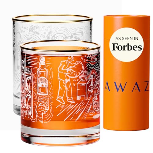 AWAZ Whiskey Glasses – Set of 2, Engraved with Whiskey-Making Process, 24k Gold Rim – 11oz Scotch, Bourbon Glass