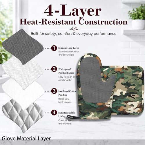 Green Camouflage Oven Mitt and Pot Holder with Silicone Heat Resistant Kitchen for Cooking BBQ Baking Grilling Cooking Protection - color: Green Camouflage