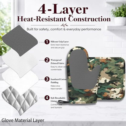 Green Camouflage Oven Mitt and Pot Holder with Silicone Heat Resistant Kitchen for Cooking BBQ Baking Grilling Cooking Protection - color: Green Camouflage