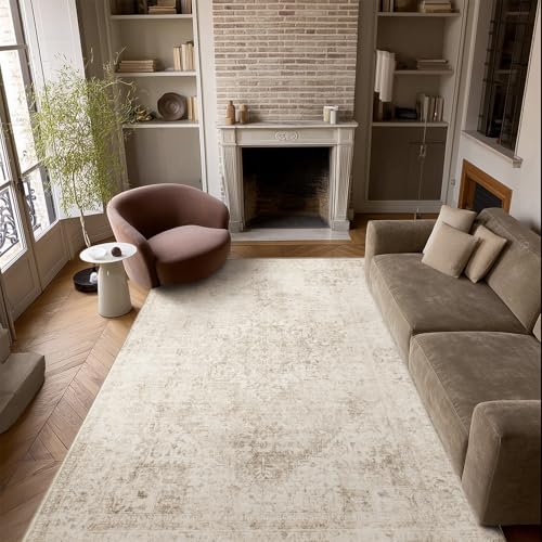 Machine Washable Rugs for Living Room: 5x7 Area Rugs for Bedroom | Ultra Soft,Non-Slip,Low Pile,Vintage Distress,Boho,Large,Carpet,High-Traffic,Dining Room,Nursery,Farmhouse Decor - color: Beige/Light Brown/Multi, size: 5' x 7' (Rectangular)