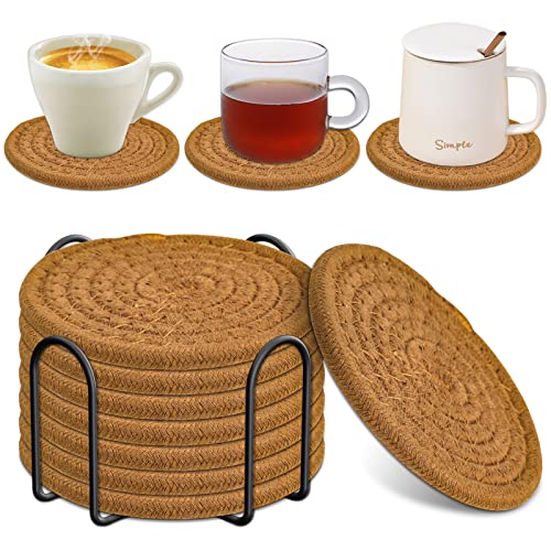 8 Pcs Drink Coasters with Holder, Absorbent Coasters for Drinks, Minimalist Cotton Woven Coaster Set for Home Decor Tabletop Protection Suitable for Kinds of Cups, 4.3 Inches. - color: Color a