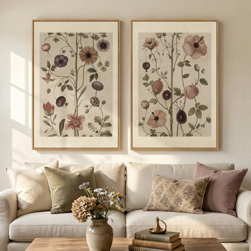 Large Framed Vintage Botanical Wall Art Set of 2, Neutral Antique Floral Canvas Painting Prints Artwork for Walls, Retro Rustic Farmhouse Flowers Pictures for Living Room Bedroom Wall Decor, 24x36 In - color: Muted Earth, size: 24" W x 36" H x 2Pcs