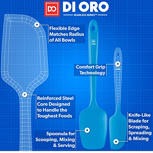 DI ORO Silicone Spatula Set - 600F Heat Resistant, 3-Pc Blue | Rubber scraper won't scratch nonstick pans; For baking, cooking, mixing, and frosting; BPA-free and dishwasher safe - color: Blue