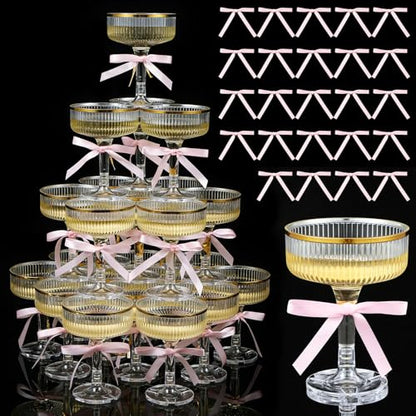 Set of 24 Plastic Champagne Coupe Glasses with Bow 7 oz Gold Champagne Tower Set Stackable Acrylic Ribbed Martini Glasses Cocktail Coupe Cup for Wedding Birthday Party Bar(Bowknot,Pink) - color: Pink, style: Bowknot
