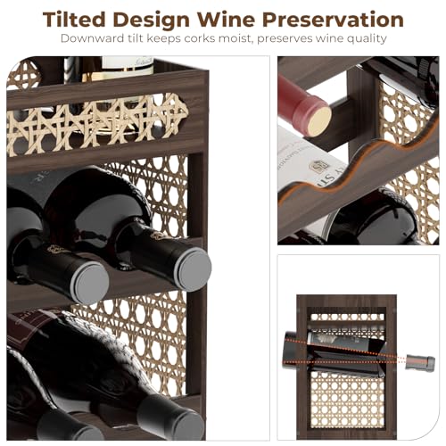 3-Tier Counter Wine Rack, Wine Racks Countertop & Wine Rack for Inside Cabinet - Solid Pine Wood & Rattan Mesh, Tilted Design, Portable Bar for Home Kitchen