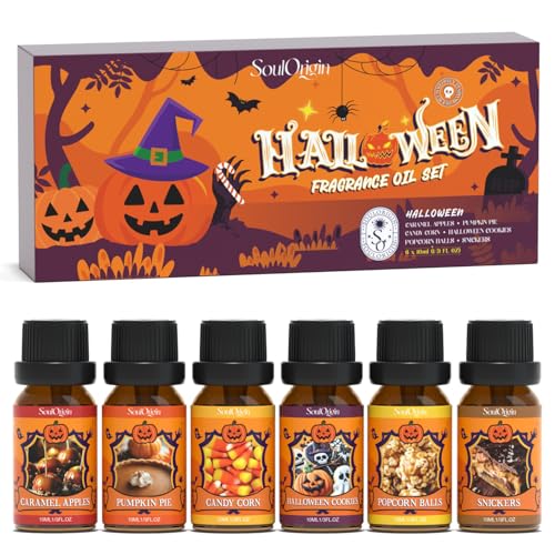 Soulorigin Halloween Fragrance Oils Set, Essential Oil for Diffuser, Diffuser Oil, Use for Soap Candle Making,Caramel Apples, Pumpkin Pie, Candy Corn, Halloween Cookies, Popcorn Balls, Snickers Bars - color: Halloween
