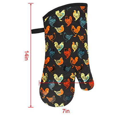 Oven Mitts 1 Pair, Non Slip Clear Silicone Printed Rooster Kitchen Gloves | Heat Resistant 480 ℉ Comfortable Cotton Lining Kitchen Men Cooking Barbecue Machine Washable (Rooster, Black Mittens) - color: Rooster, Black Mittens