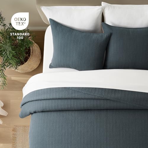 100% Cotton Modern Grid Stitch Quilt Set Queen Size Midnight Blue | Pre-Washed Cotton Coverlet Bedspread, Oversized Lightweight 3-Piece Bedding Set for All Season, with 2 Pillow Shams - color: Midnight Blue, size: Full/Queen (96" X 94")