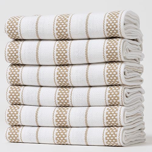 Kitchen Towels Set – Pack of 6 (20’’ x 30’’) Extra Large Premium Cotton Dish Towels for Kitchen – Chain Stripe Towels – Absorbent – 100% Cotton – with Hanging Loop – Beige - color: Beige Chain Striped, size: Pack of 6