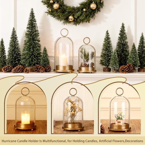Metal Candle Holder Handmade Glass,Brass Dome Hurricane Glass Candle Holder | 5" & 4" Wide Can Be Placed Desktop Hung,for Pillar Candles,Plants Decorative Farmhouse, Shabby Chic