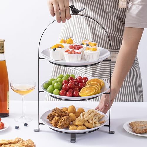 SparkWorks 3 Tiered Cake Stand, Tea Party Serving Platter, Dessert and Cupcake Stand, Metal Tiered Serving Stand Includes Three Premium White Stoneware Plates (10.5 inch) - size: 10.5 inch