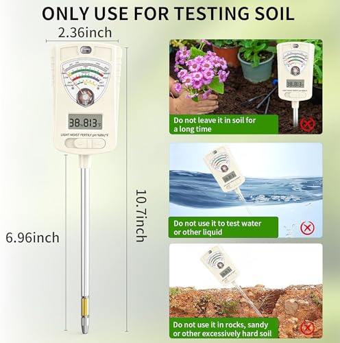 Soil Moisture Meter, 7-in-1 Soil Test Kit with Moisture/pH/Temperature/Sunlight/Air Humidity/Fertility, Soil Tester for Farming, Plants Gardening, Lawn, Gardening and Outdoor Plants