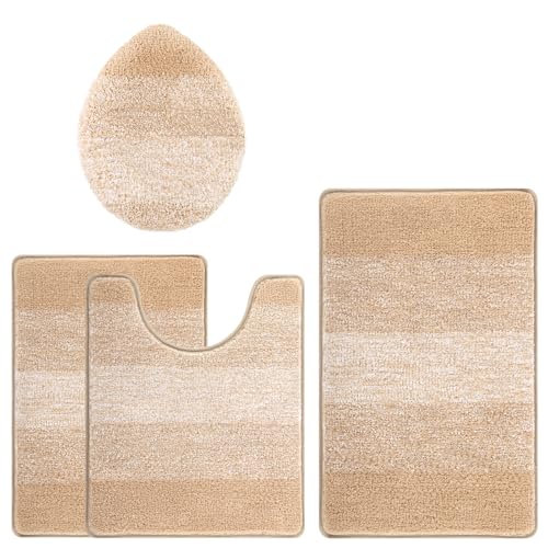 Bsmathom Bathroom Rug Set 4 Piece, Plush Microfiber Bath Mat, Beige | Super Water Absorbent, Non Slip Machine Washable Bath Rug Sets with Toilet Lid Cover and U-shaped Contour Toilet Mat - color: Beige, size: 18"x26"+20"x31"+U20"x24"+Cover19"x21"