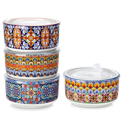 vancasso SIMI 36 oz Ceramic Bowls with Lids Set of 4,Bohemian Serving Bowl | 6 Inch Food Storage Containers Prep Bowls for Leftovers, Soup, Cereal, Meal Prep, Office Lunch, Microwave & Dishwasher Safe - size: 36 OZ (Set of 4)