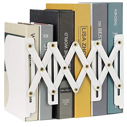Adjustable Book Ends, Metal Iron Non Skid Boo kends, Expandable Bookcase Bookend Stand Holder Book Storage Rack, Heavy Bookends for Office Desk, Shelf, Stationery (White)