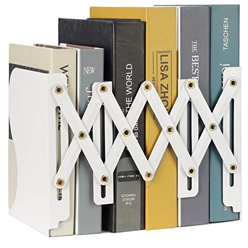 Adjustable Book Ends, Metal Iron Non Skid Boo kends, Expandable Bookcase Bookend Stand Holder Book Storage Rack, Heavy Bookends for Office Desk, Shelf, Stationery (White)
