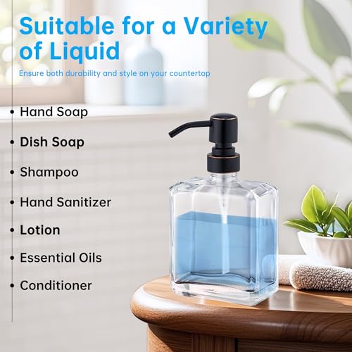 Clear Glass Soap Dispenser with Oil Rubbed Bronze Pump 2 Pack, 13.5 OZ Liquid Soap Dispenser Square with Stainless Steel Pump for Dish Hand Soap Bathroom Kitchen Vanity Countertop - color: Oil Rubbed Bronze, size: 2X13.5 oz