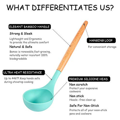 MIBOTE Silicone Cooking Kitchen Utensils Set, Wooden Handle, Teal | BPA-Free, Non-Toxic Silicone Turner, Tongs, Spatula, Spoon Set – Great for Nonstick Cookware, Heat-Resistant, Easy Clean - color: Green