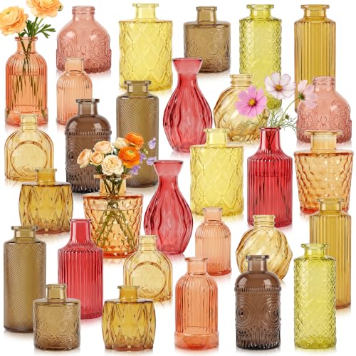 30 Pcs Amber Glass Bud Vases Bulk, Vintage Small Flower Vase Set with Relief Designs, Aesthetic Mini Decorative Vases for Wedding Table Centerpieces, Boho Fall Decor, Home Decor - color: Amber Series, size: 30Pcs