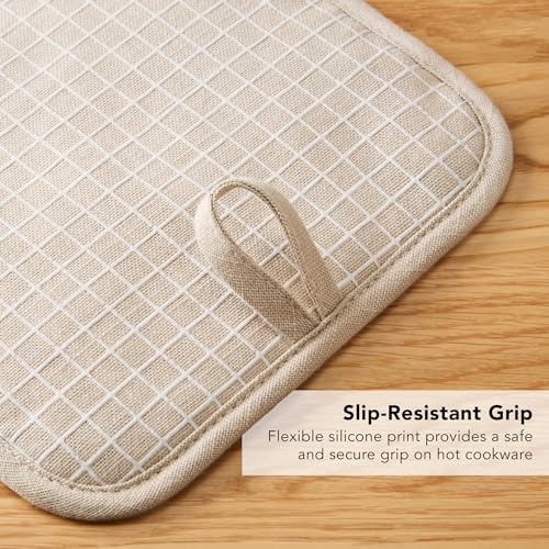 KITCHENAID Gourmet Series Gridlines Pot Holders 2-Pack Set, Heat Resistant up to 600°F, Soft Silicone Grip, Magnetic Cuff, Milkshake Tan, 8"x8" - color: Milkshake Tan