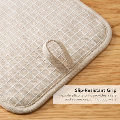 KITCHENAID Gourmet Series Gridlines Pot Holders 2-Pack Set, Heat Resistant up to 600°F, Soft Silicone Grip, Magnetic Cuff, Milkshake Tan, 8"x8" - color: Milkshake Tan