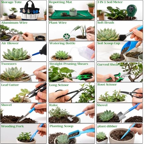 25 Pcs Succulent & Bonsai Tools Set for Beginners, Indoor Plant Care Tool Set with Repotting Mat, Organizer Tote, Soil Moisture Meter, Pruning Shears, Mini Garden Tools, Gardening Gift for Women Men