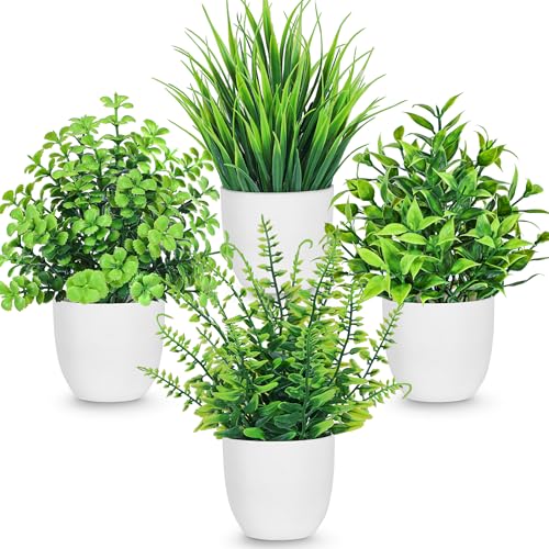 Der Rose 4 Pcs Fake Plants Small Faux Plants for Bathroom Decor Accessories | Clean potted greenery for home kitchen table office shelf coffee bar and desk decor, compact accents for easy indoor styling - color: White