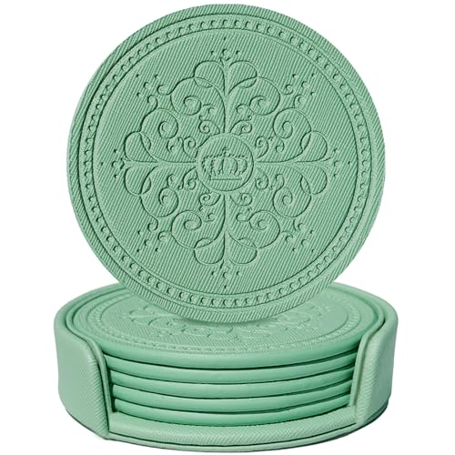 Coasters Set of 6 - PU Leather Coasters for Drinks with Holder - Green - color: Green