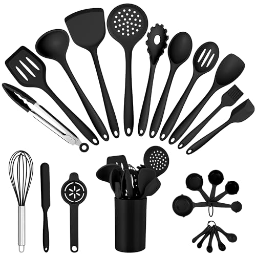 E-far Silicone Cooking Utensils Set, 25 Piece Kitchen Utensils with Holder, Non Toxic Kitchen Tools Spatula, Turner, Spoon, Ladle for Nonstick Cookware, Heat Resistant & Dishwasher Safe - Black - color: Black