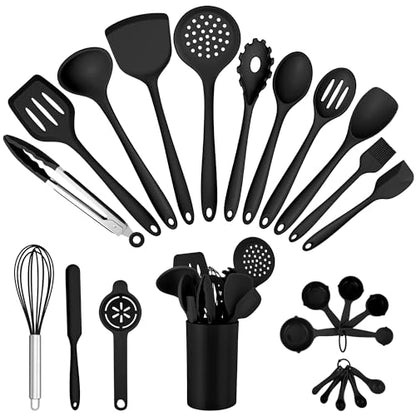 E-far Silicone Cooking Utensils Set, 25 Piece Kitchen Utensils with Holder, Non Toxic Kitchen Tools Spatula, Turner, Spoon, Ladle for Nonstick Cookware, Heat Resistant & Dishwasher Safe - Black - color: Black