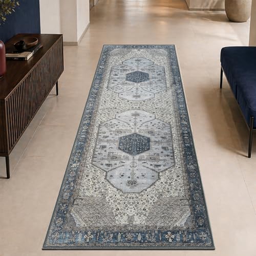 Keen Home Design 30"x84" Rug - Machine Washable Runner Rug with Non-Slip Backing, Ideal for Hallway, Entryway, Kitchen, Laundry Room - Vintage, Easy Clean, Durable, Low Pile Rug - (2'6" x 7') - color: Blue/Beige, size: 2'6" x 7' (Runner)