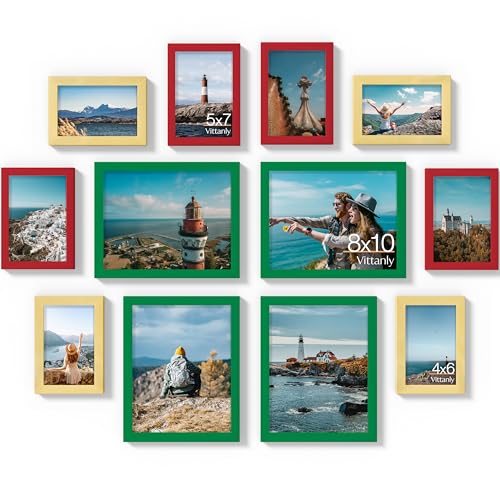 Vittanly 12 Pack Gallery Wall Frame Set, Green, Red, Gold | Gallery Wall Frame Set: 4pcs 8x10, 4pcs 5x7 & 4pcs 4x6 Photos for Wall & Table, Picture Frames made of Engineered Wood - color: Green & Red & Gold