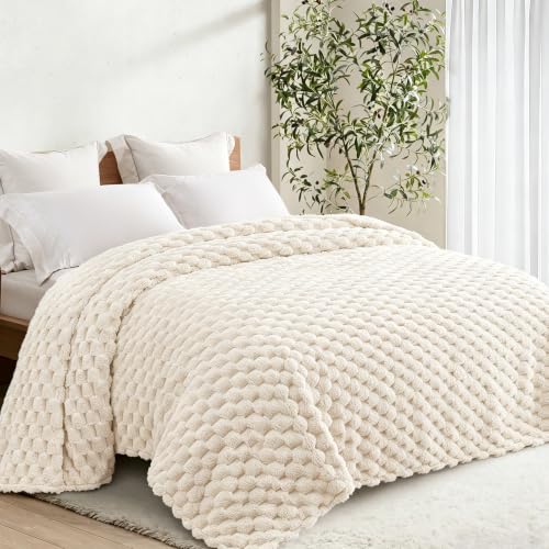 Whale Flotilla Soft Fleece King Size Bed Blanket Luxury 3D Jacquard, Ivory | Lightweight Breathable Coverlet Bedspread for All Seasons, Super Cozy Plush Fluffy Fuzzy Decorative Blanket for Bed, 90"x104" - color: Ivory, size: King(90x104 Inch)