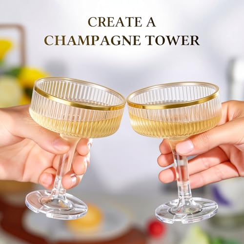 Goodluck 4-Tier Champagne Tower Glass - 20PCS 7oz Champagne Flutes Gold Rim | Plastic Coupe Glasses with Vertical Stripes for Weddings, Celebrations, Parties & Birthdays - color: Clear Gold Rim