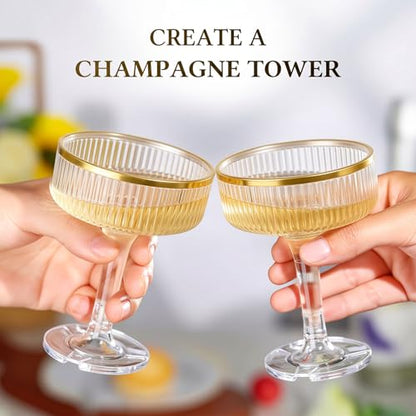 Goodluck 4-Tier Champagne Tower Glass - 20PCS 7oz Champagne Flutes Gold Rim | Plastic Coupe Glasses with Vertical Stripes for Weddings, Celebrations, Parties & Birthdays - color: Clear Gold Rim