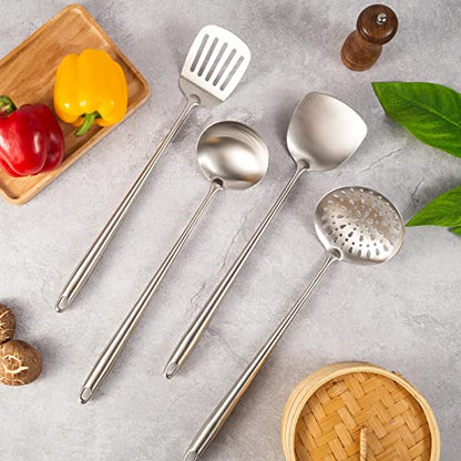 17″ Wok Utensils - Wok Spatula and Ladle, Skimmer Spoon, Slotted Spatula | 304 Stainless Steel Kitchen Utensils Set, 4-Pieces Extra Long Handle Cooking Tools, All Metal Chinese Wok Accessories