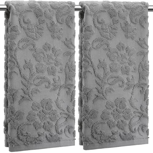SmoothNovelty 2 Pcs Gray Decorative Hand Towels Set 100% Cotton Cute Floral Jacquard Quality for Bathroom Hand Towels Absorbent Weave Bath Decor Neutral Bathroom Decor Gift, 13.7 x 29.5 Inch - color: Gray, style: Floral