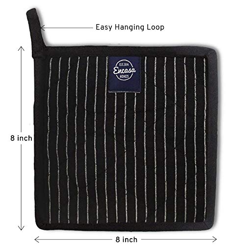 Encasa XO Pot Holders, Quilted Kitchen Hot Pads 8"x8" Butcher Stripes Black | 100% Eco-Friendly Cotton | Thick Cotton Padding Insulation | Convenient Hanging Loop | Set of 2 - color: Butcher Stripes Black