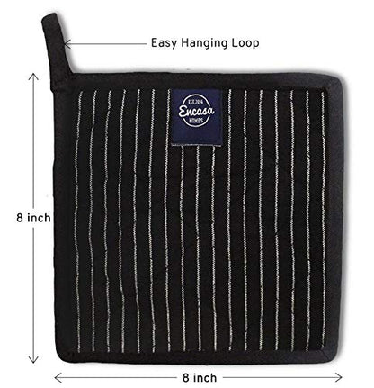 Encasa XO Pot Holders, Quilted Kitchen Hot Pads 8"x8" Butcher Stripes Black | 100% Eco-Friendly Cotton | Thick Cotton Padding Insulation | Convenient Hanging Loop | Set of 2 - color: Butcher Stripes Black