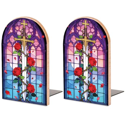 Sword Rose Wooden Bookends, Book Ends for Shelves | 1 Pair 5"x3.15" Decorative Wood Book Supports, Cute Shelf Stoppers for Heavy Books, Office Desk, Study Room & Home Decor - style: Sword Rose and Stained Glass