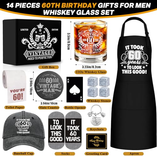 60th Birthday Gifts for Men Whiskey Glass Set, 60th Birthday Party Supplies with 11 Oz Whiskey Glass Coaster Stone Baseball Cap Apron Sock Funny Toilet Paper Keychain for Him, Dad, Husband, Friends - style: 60th Birthday