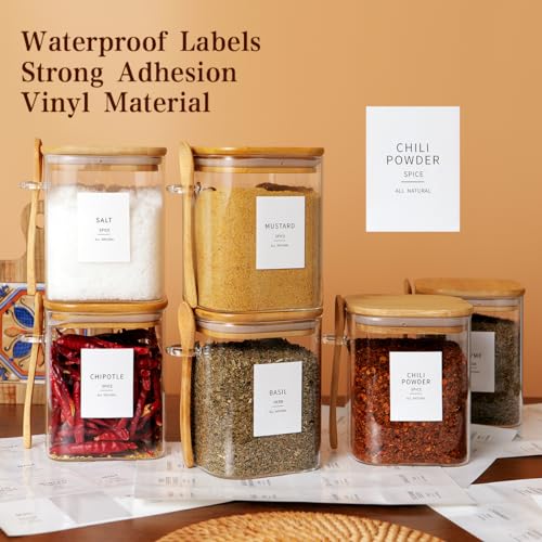 HHMJSM 6 Pcs Square Glass Jar with Bamboo Lid and Spoon - 27 oz Large Sugar Container with 148 Kitchen Pantry Spice Jar Labels Preprinted - Glass Containers with Wooden Lids Hold Coffee, Tea, Candy - color: 27oz
