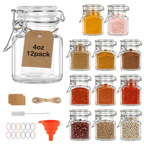HINGWAH 12 Pack 4 oz Glass Spice Jars with Airtight Lids, Small Glass Herb Jars with Wire Clamp Lids for Seasoning Storage, Spices, Herbs, Gifts Includes Labels, Funnel, Twine, Tags & Brush