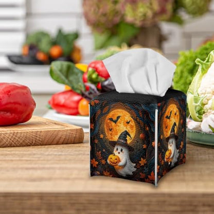 Cute Halloween Ghost Square Tissue Box Cover | Lightweight Square Napkin Storage Holder, Funny ghost graphic adds festive atmosphere for fall & Halloween party - color: Cute Ghost Halloween Forest