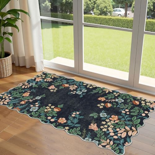 Front Door Mat Indoor Entrance - 2x4.3 Ft Dark Navy Floral Washable Layered Doormat Outdoor Entrance Porch Rug Non-Slip Boho Runner Rug for Kitchen Hallway Bedroom Laundry Room Porch Decor - color: Floral - Dark Navy, size: 2' x 4'3" (Rectangular)