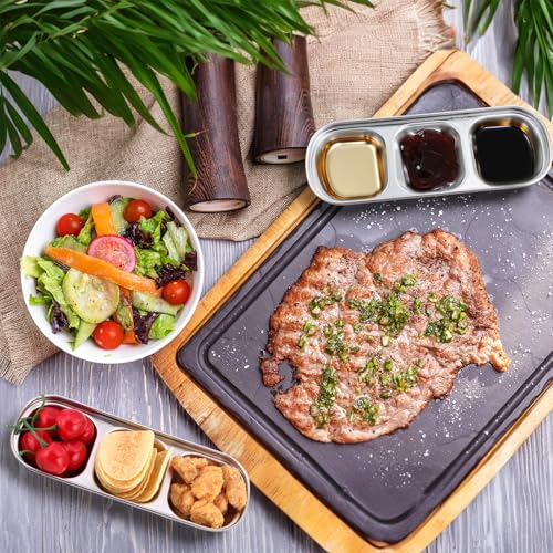 12 Packs Stainless Steel Divided Dip Bowls Soy Sauce Dishes, Divided Serving Tray Chip and Dip Serving Set, 3 Compartment Sauce Plate Seasoning Dipping Condiment Tray for BBQ Vinegar Spice Sugar