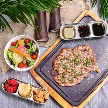 12 Packs Stainless Steel Divided Dip Bowls Soy Sauce Dishes, Divided Serving Tray Chip and Dip Serving Set, 3 Compartment Sauce Plate Seasoning Dipping Condiment Tray for BBQ Vinegar Spice Sugar